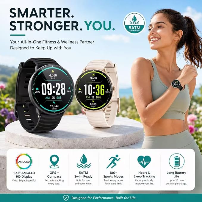 Smartwatch for Swimming 5ATM with GPS, Compass, AI Swim Analysis, Heart & Sleep Tracking, 100+ Sports Modes, HD Display, Long Battery Life, Fitness & Outdoor Training Watch - Men & Women (BLACK)