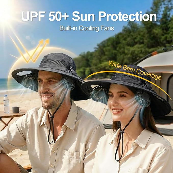 Sun Hat with Fan for Men & Women, Bucket Hat with Fan, UPF 50+ Cooling Hat with Sunblock Sleeves for Fishing,Hiking