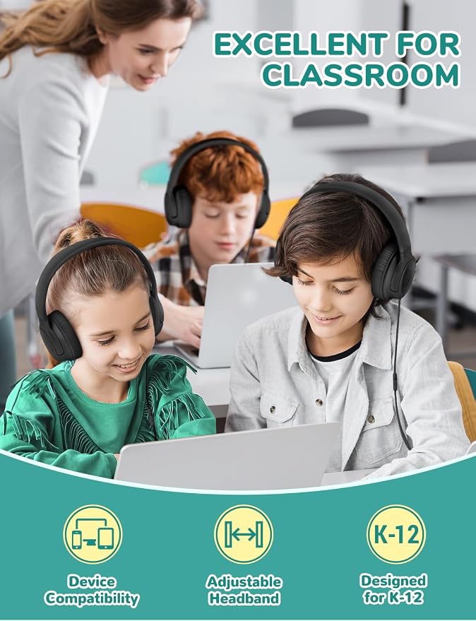 iClever Kids Headphones with Mic for School K-12, 85dBA Safe Volume, Tangle Free, 3.5mm Jack, HD Stereo, Swivel Folable Kids headphones with Cord for Classroom/Student/Tablets/Laptop, Bulk 5Pack Black