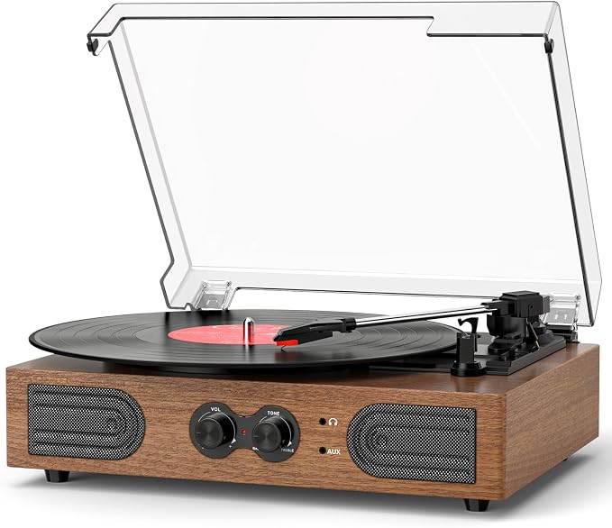 Vinyl Record Player with Built-in Stereo Speakers, 3-Speed Belt-Drive Turntable, Treble & Bass Control, RCA-Out/AUX-in, 3.5mm Headphone Jack—Vintage LP Player for Home & Gifts, Walnut