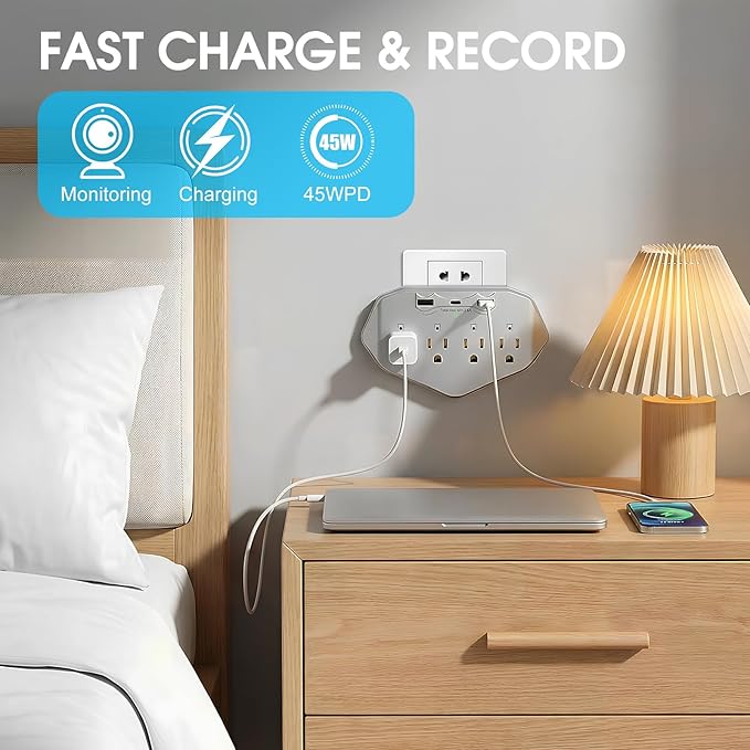 1080P WiFi Wall Outlet Camera, Indoor Surveillance Cam with Multi-Port Charger, 4 AC Outlets, USB & Type-C Ports, Motion Detection, Loop Recording, Remote View