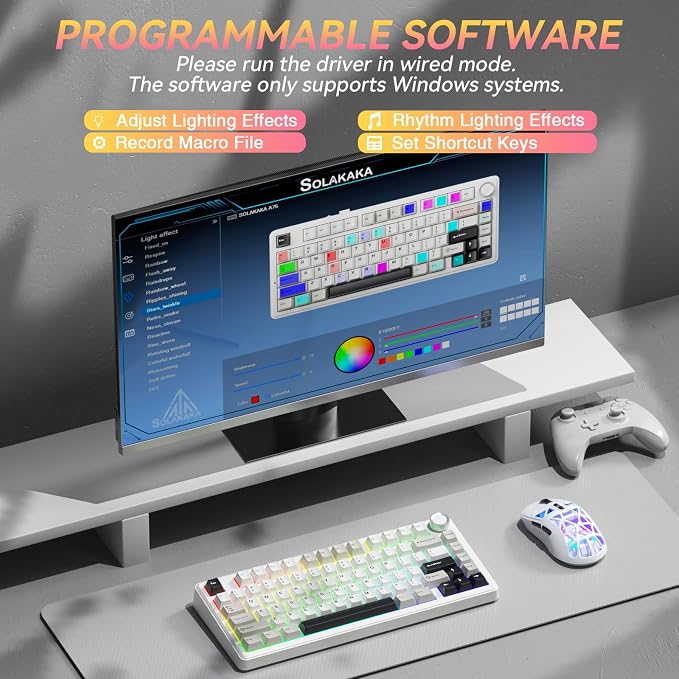 SOLAKAKA A75 75% Wireless Mechanical Keyboard, Hot Swappable Gaming Keyboard with Multifunction Knob & RGB, Gasket Mounted Creamy Keyboard, PBT Keycaps, Compact Layout for Win/Mac/PC