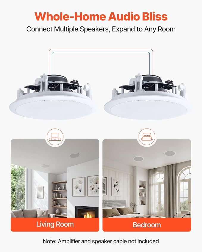 VEVOR in Ceiling Speakers, 8", in-Ceiling & in-Wall Speaker System, Hi-Fi Sound, 150W Peak, 2-Way Flush Mount Speakers, for Damp Humid Placement, Home Theater, Living Room, or Covered Patio, 1 Pair