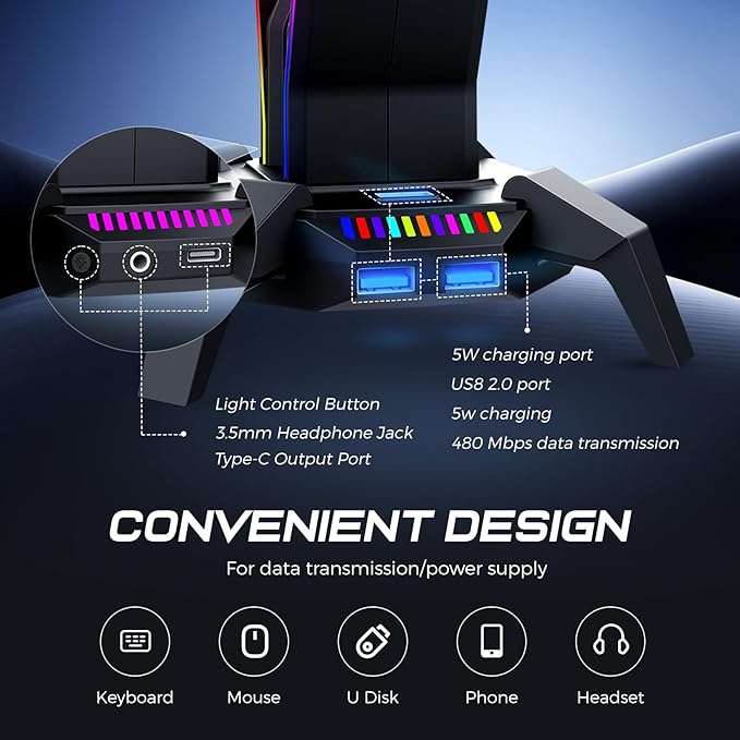 MARVO RGB Headphone Stand Data Transmission, 9 Lights Mode Headset Holder with 1 USB-C & 3 USB Ports & 1 3.5mm Jack Port, Ultimate Gaming Accessories for Gamers for PS, Xbox, PC