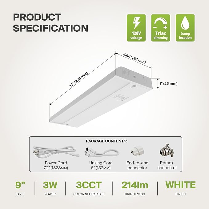 ASD LED Under Cabinet Lighting Plug in or Hardwired 9 Inch, Dimmable Under Cabinet Lights with High/Low/Off Switch, 3CCT 2700K-4000K, Linkable Under Counter Lights for Kitchen, ETL, White, 20 Pack