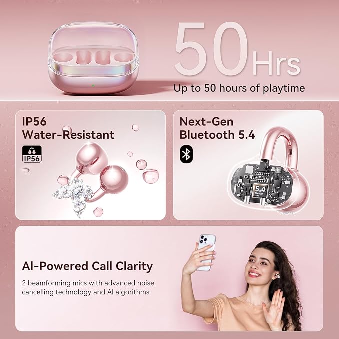 Kinglucky Gen2 Clip-On Open Ear Earbuds with Detachable Sparkle Butterfly Earrings, Bluetooth Wireless Headphones for Women, 50H Playtime, Comfortable Fit for Small Ears, Easy Storage Case,Transparent
