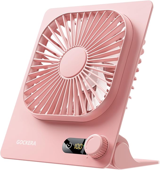 GOCKERA Desk Fan, 6.61''Ultra-thin Battery Powered Fan with Powerful Wind,100 Speeds Adjustable&Digital Display,Timer,Ultra-quiet Small Portable Fan for Bedroom,Office,Travel (Pink, 5000mAh)
