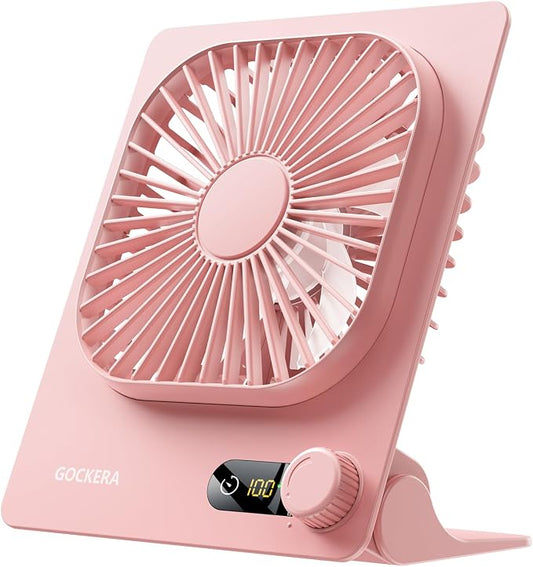 GOCKERA Desk Fan, 6.61''Ultra-thin Battery Powered Fan with Powerful Wind,100 Speeds Adjustable&Digital Display,Timer,Ultra-quiet Small Portable Fan for Bedroom,Office,Travel (Pink, 5000mAh)
