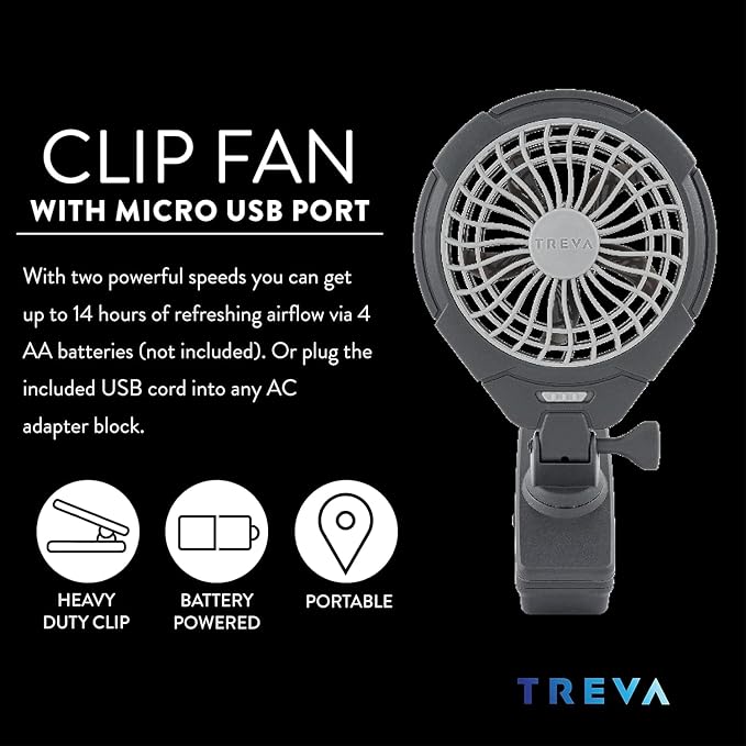 O2COOL Treva 2 Pack 5 Inch Two Speed Battery & USB Powered Clip On Fan - Slim and Portable Cooling Travel Fan with USB - Gray