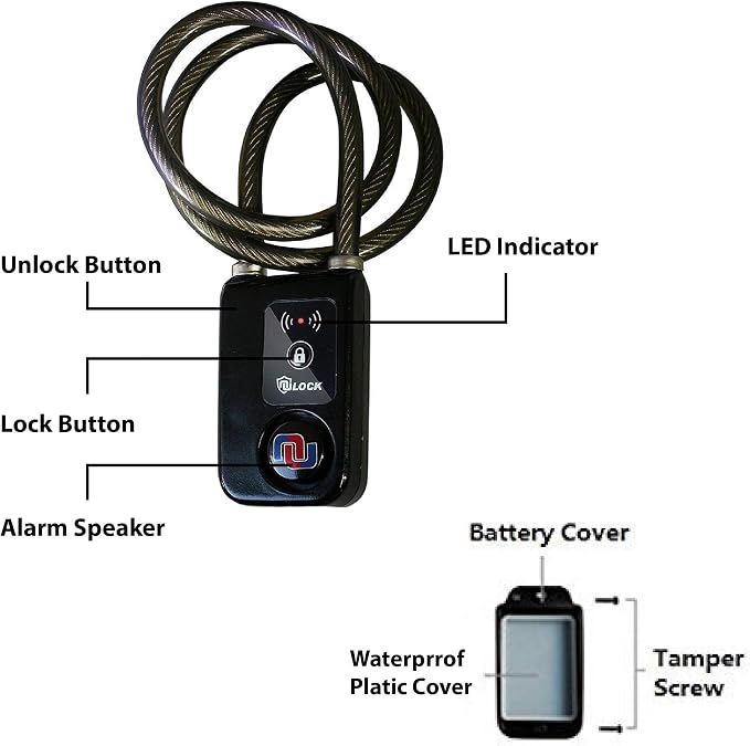 Smart Bike Cable Locks Bicycle Lock Bluetooth APP Controlled Nulock 110db,47 inch Long Braided Steel Motorcycle Lock Anti Theft, IP44 Splash-Proof Bike Alarm Lock for Scooter/Stroller/Gate
