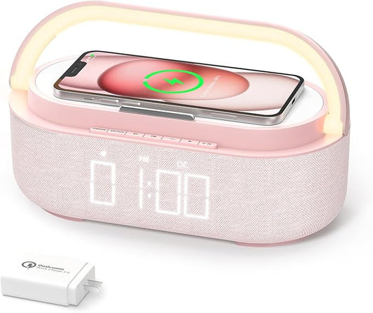 COLSUR Bluetooth Speaker Alarm Clock with Wireless Charger, FM Radio, Adjustable LED Night Light, 6 in 1 Bedroom Portable Speaker 2500mAh, Phone Stand for Bedside, Home, Office, Gift (Pink)