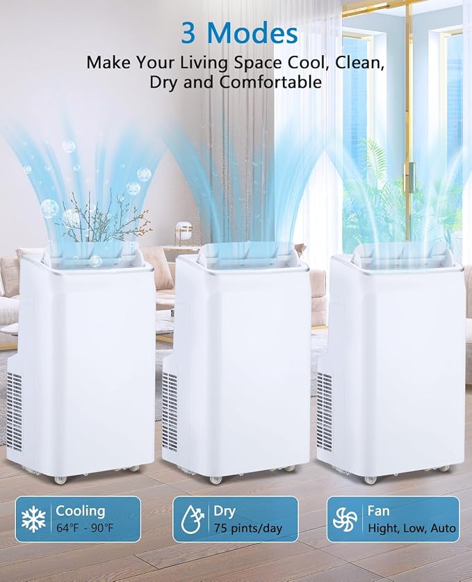 12000 BTU Portable Air Conditioners with Remote Control, 3 in-1 Free Standing Cooling AC Unit with Fan & Dehumidifier, Cools Room up to 500 sq.ft, Auto Swing，Smart Sleep Mode for Bedroom, Indoor Rooms