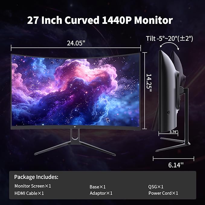 KTC H27S5C 27" Curved Gaming Monitor, 1440P QHD 144Hz 120Hz Monitor, 1500R HVA Panel, HDR400, Adaptive Sync, 400nits, HDMI 2.0 x2, DP 1.4, VESA 100x100 PC Monitor