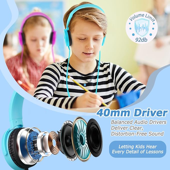 2 Pack Kids Headphones for School Classroom K-12, Swivel Foldable, HD Stereo, 3.5mm Jack Wired Headphone for Kids Children Student (Blue+Pink)