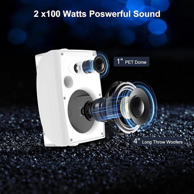 Herdio 4" Passive Outdoor Speakers Waterproof Wired, 200W Wall Mount Speakers with Superior Sound,Dual Swivel Brackets for Patio/Deck/Backyard (Pair, White)