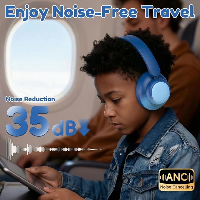 Candy Bila Active Kids Noise Cancelling Headphones, 60H Play Time Kids Bluetooth Headphones, Safe Volume, Bluetooth 6.0, USB C Charging, Headphones for iPad Tablet Airplane,Gradient Blue