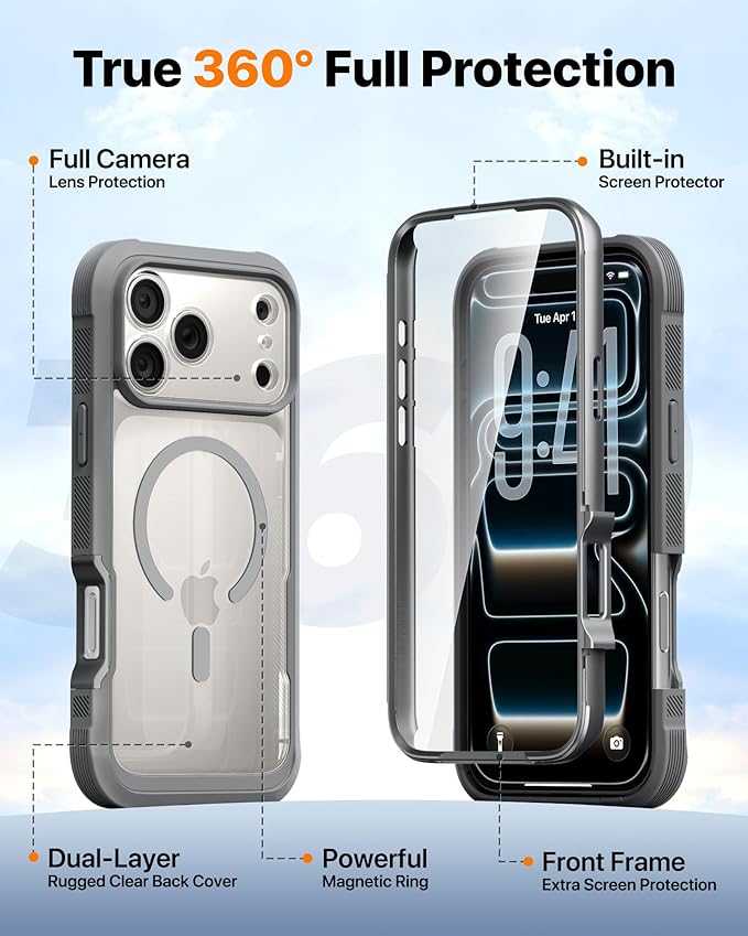 Diaclara Magnetic Designed for iPhone 17 Pro Case Full Body Bumper,[Compatible with MagSafe] Military Drop Proof Cover with Built-in Touch Sensitive Anti-Scratch Screen Protector, Grey Titanium