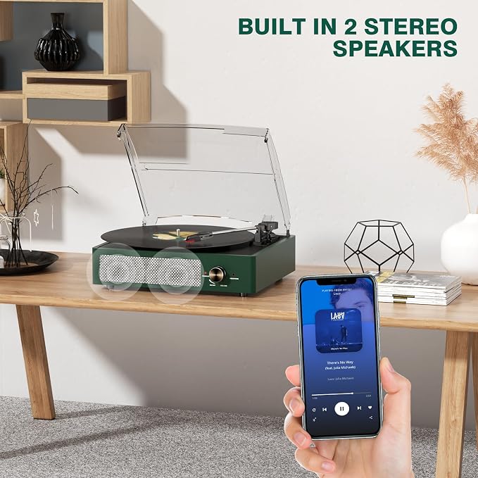 Record Player Bluetooth Turntable with Built-in Speakers & 3 Speed 3 Size Portable Retro Vinyl Record Player for Entertainment and Home Decoration Emerald Green