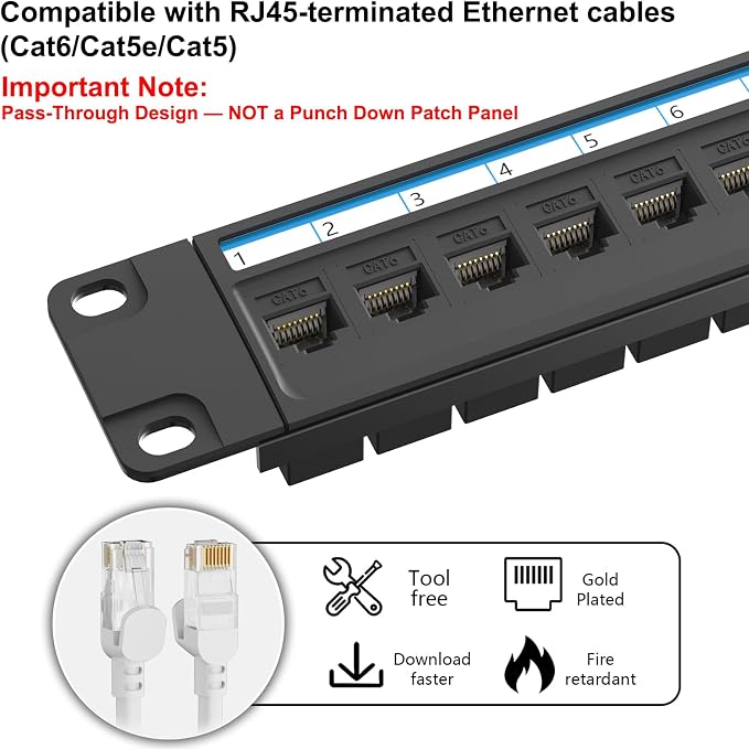 Jadaol [UL Listed] 24 Port Patch Panel Rackmount or Wall Mount 19-Inch, 1U Cat 6 Network Panel Preloaded with 24 Keystone Couplers Plus 1 Spare, 10Gbps Ethernet Panel with Cable Management & Back Bar