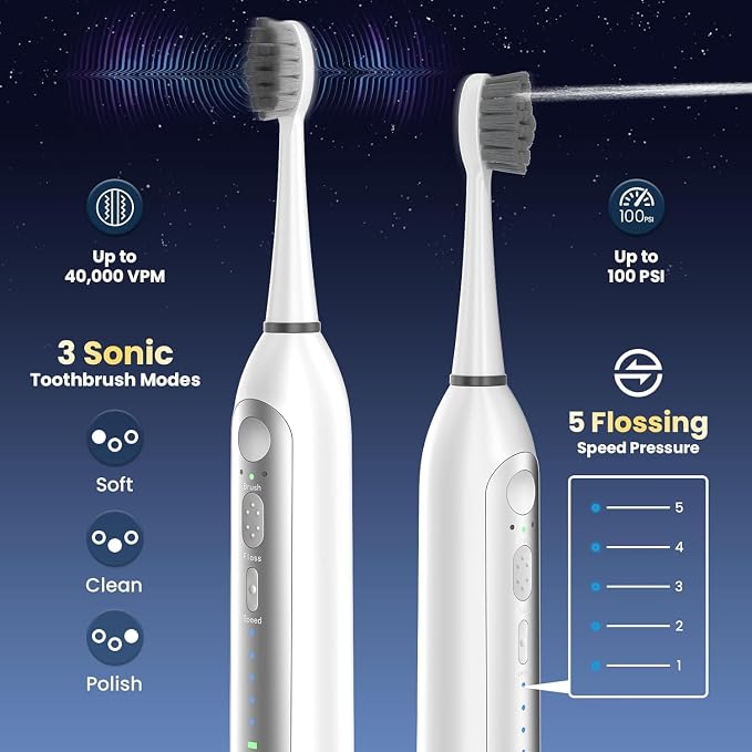 Electric Toothbrush with Water Flosser Combo, All in One Sonic Flossing Tooth Brush,3 Modes/5 Floss Speeds,Compact Portable Detachable Handle & Cup,30-Day Battery,for Braces & Sensitive Teeth,White