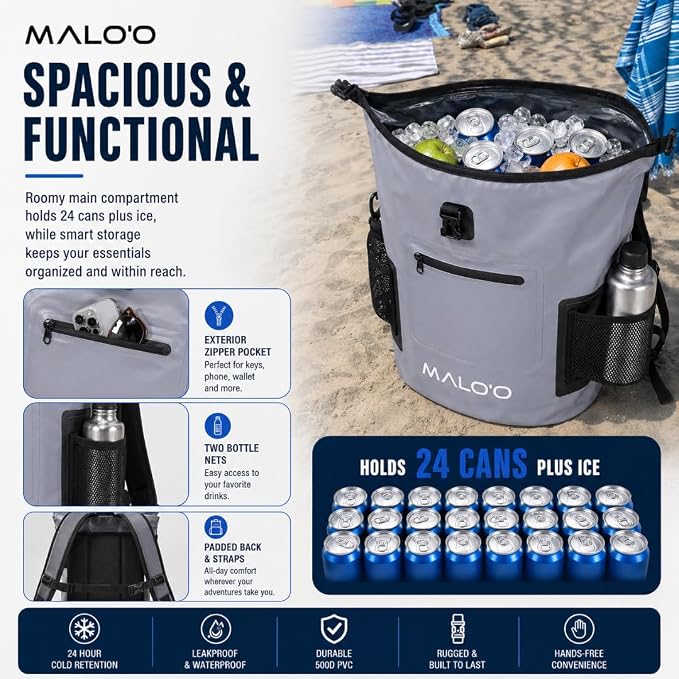 Malo’o Pro Insulated Backpack Cooler, Leakproof Soft Cooler Backpack for Camping, Fishing, Hiking, Kayaking, Beach