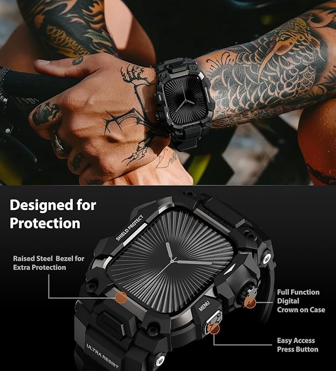 ULTIMAL Rugged Case with Band for Apple Watch 46mm,Compatible with Apple Watch Series 11/10, Military Grade Shockproof Bumper Cover for iWatch Tactical Band Men (Black, 46mm)