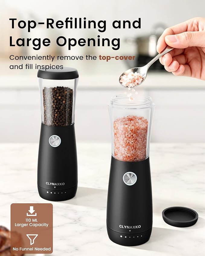 Electric Salt and Pepper Grinder Set, Stainless Steel Automatic Salt and Pepper Grinder Set, Upgraded 110ml Capacity, Adjustable Coarseness & LED Light, One-Handed Operation, Ideal Kitchen Gadget