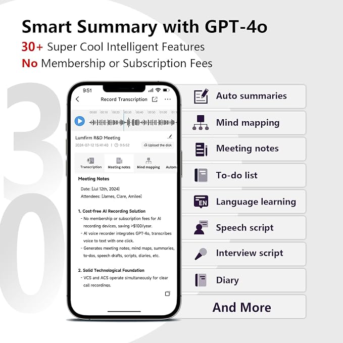 Note AI Voice Recorder, No Fees ChatGPT Transcription/Summary & 30 Smart Templates, App/Web Sync Voice to Text Recorder with 107 Languages & 64GB Memory, Ideal for Work, Lectures, Meetings, Calls