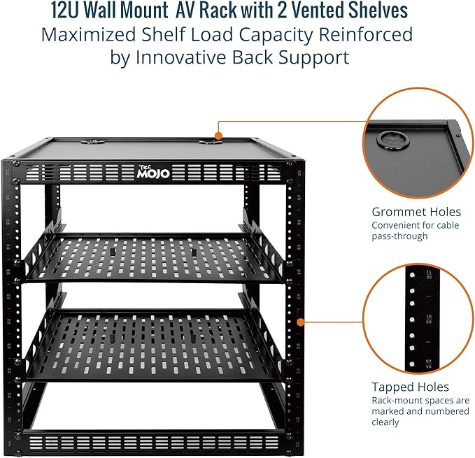 Tecmojo 12U Open Frame Network Rack for IT & AV Gear, AV Rack Floor Standing or Wall Mounted,with 2 PCS 1U Rack Shelves & Mounting Hardware,Network Rack for 19" Networking,Audio and Video Device