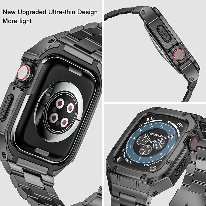 BAITEYOU Stainless Steel Watch Band with Case Compatible with Apple Watch Series 11 10 46mm, Rugged Strap with Metal Protective Bumper Cover for iWatch Bands Men (Grey)