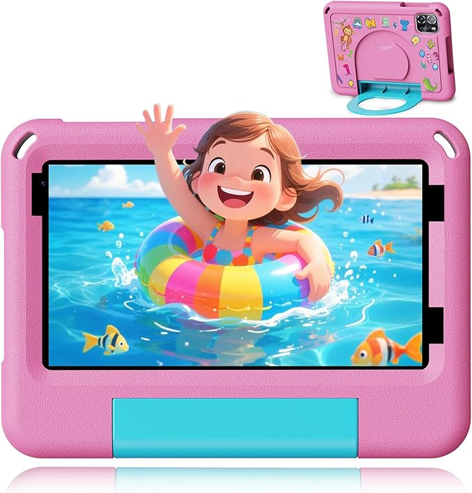 Android 15 Tablets with Case 7 inch Kids Tablet, 64GB Pad for Age 3-12 Toddler, Educationl, Games, Parental Control, Built in WiFi, Bluetooth, Dual Camera (Pink)
