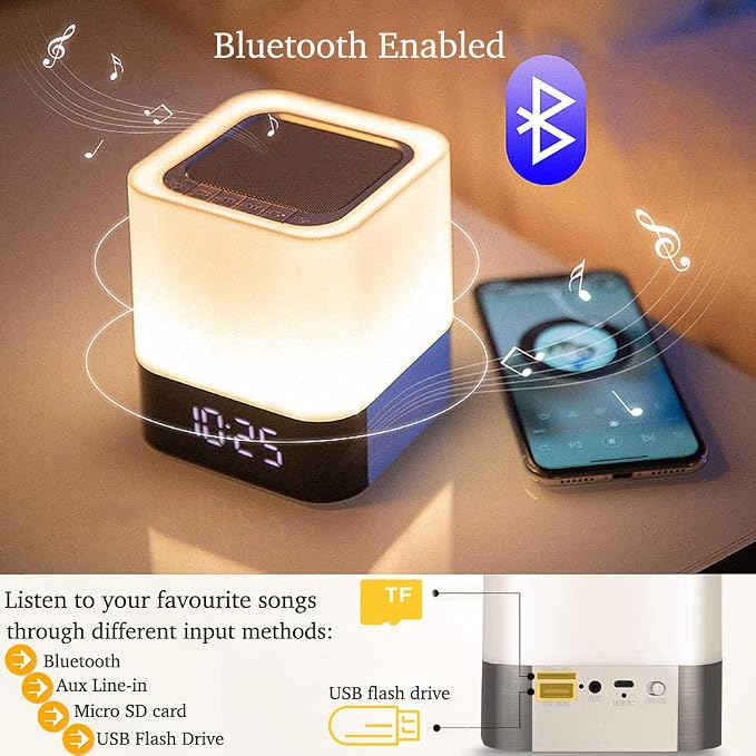 Night Lights Bluetooth Speaker, Alarm Clock Wireless Bluetooth Speakers,Touch Sensor Bedside Lamp,Color Changing Night Lights for Kids,MP3 Music Player, Speakerphone/TF Card/AUX-in Supported
