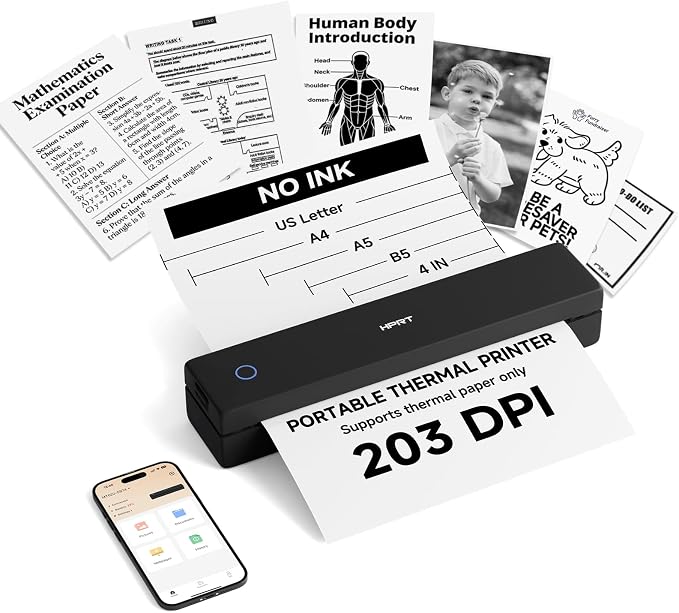 HPRT Inkless Portable Printer Wireless for Travel,Thermal Printer Supports 8.5" x 11" US Letter&A4&A5,Compatible with iOS,Android, Laptop, MT620,203 DPI,Black