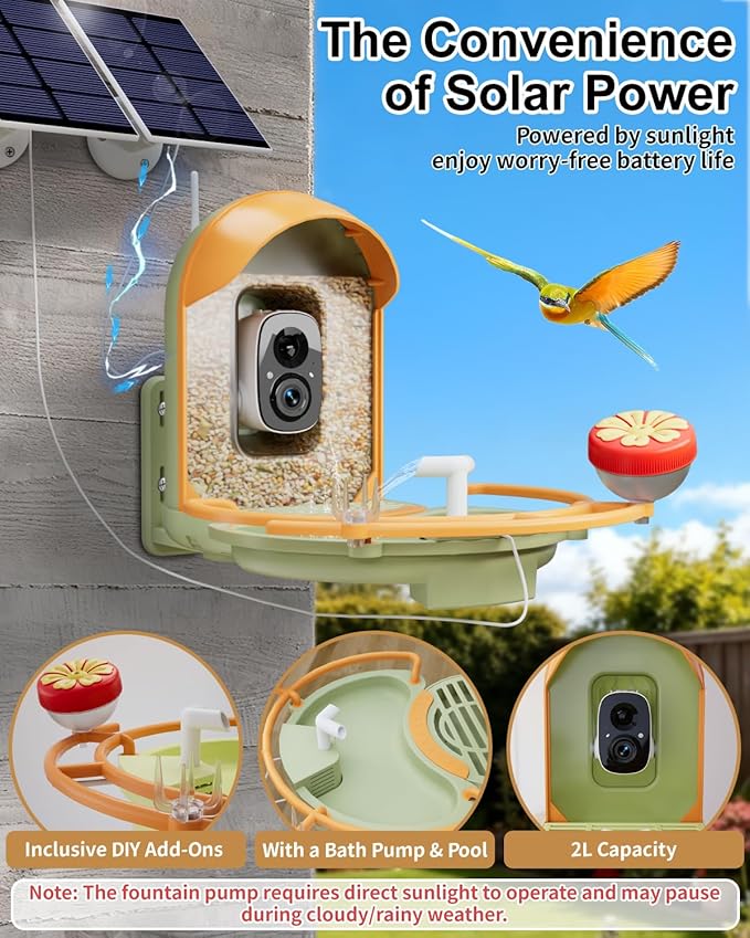 Bird Feeder with Camera, Smart Birdfeeder with Cam Solar Powered, 2K HD Video, AI Identification, Instant Arrival Alerts, IP66 Bird Bath & Feeder,Gift for BirdLover (with Pump, Green)