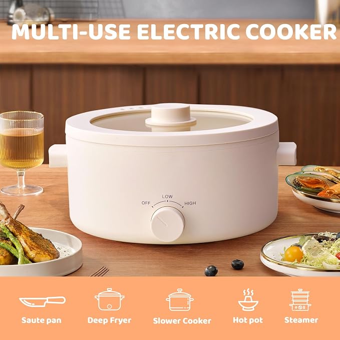 Hot Pot Electric, 3L Portable Electric Pot with Ceramic Non-stick Coating, Dual Power Multi-functional Romen Cooker for Steak, Pasta, Hot Pot, Ramen (Ceramic (inner surface), White)