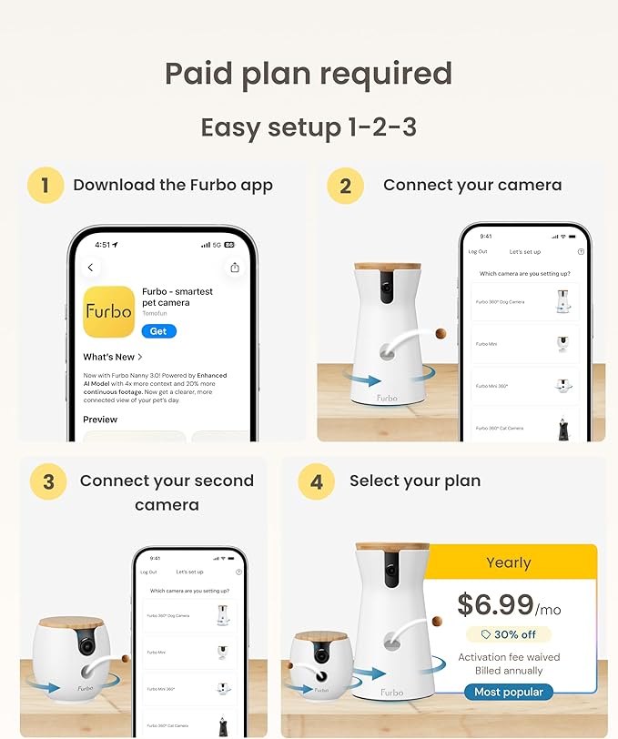 Furbo 360° Dog Camera + Mini 360° Cam [New Subscription Required at Setup] 2-Camera Bundle Nanny Subscription: Dog Safety Alerts, Pet Camera with Speaker, Phone App & Night Vision