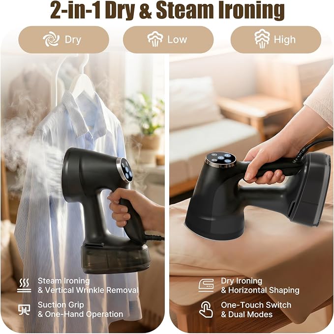 Vacuum Steamer for Clothes Handheld: 2500–3600Pa Adjustable Suction, No Leak & Stable Steam, Steaming & Ironing Portable Travel Garment Steamer, 400ml Tank, 4 Modes, 15s Heat-Up, 110-120V