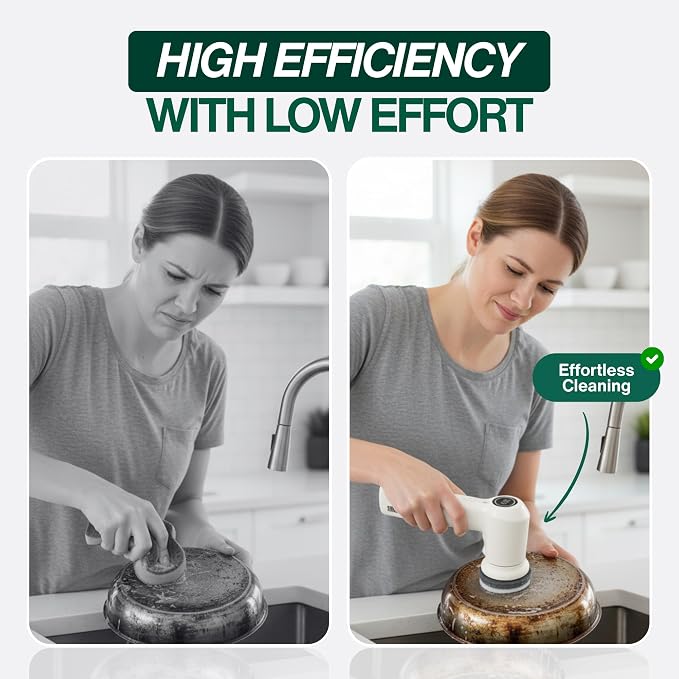SonicPower Electric Spin Scrubber – Handheld & Ergonomic, IPX7 Waterproof, 4 Multi-Purpose Brush Heads, Long-Lasting Rechargeable Battery – Cleans Dishes, Bathroom, Tile, Grout & Kitchen (White)
