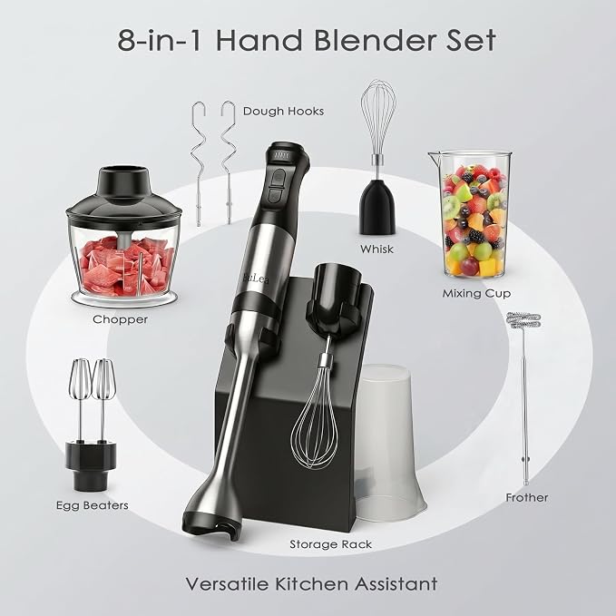 8-in-1 Hand Blender 1200W 5-Speed, Immersion Stick Blender Set with Meat Grinder Dough Hooks Whisk Mixing Cup Storage Rack, for Smoothie Soup Puree Food Dough