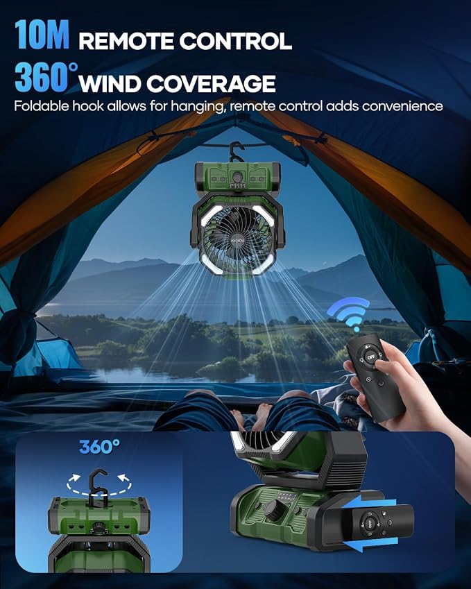 kejector Portable Camping Fan, 24000mAh Rechargeable Battery, Dual Motor & 8 Blades, Remote & Timer, 6 Speeds + Auto Swivel, LED Light for Tent, Travel, Camping Essentials
