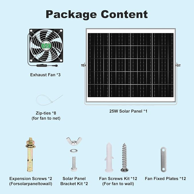 Solar Chicken Coop Fan 3 Kit, 25W Solar Powered Greenhouse Fan Outdoor Waterproof, Solar Exhaust & Intake Fans, Strong Airflow for Shed Dog House Circulation Ventilation Cooling, No Battery
