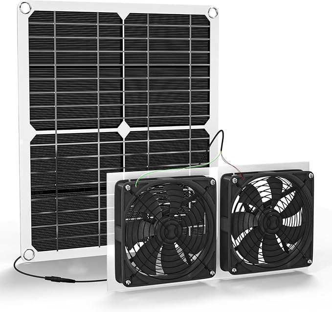 Solar Powered Fan, 25W Solar Fan for Chicken Coop, Solar Exhaust Fan for Greenhouse, Shed, Pet Houses, Outside with Two 5In IP65 Waterproof Fans, 10Ft Cable, On/Off Switch, Intake or Exhaust