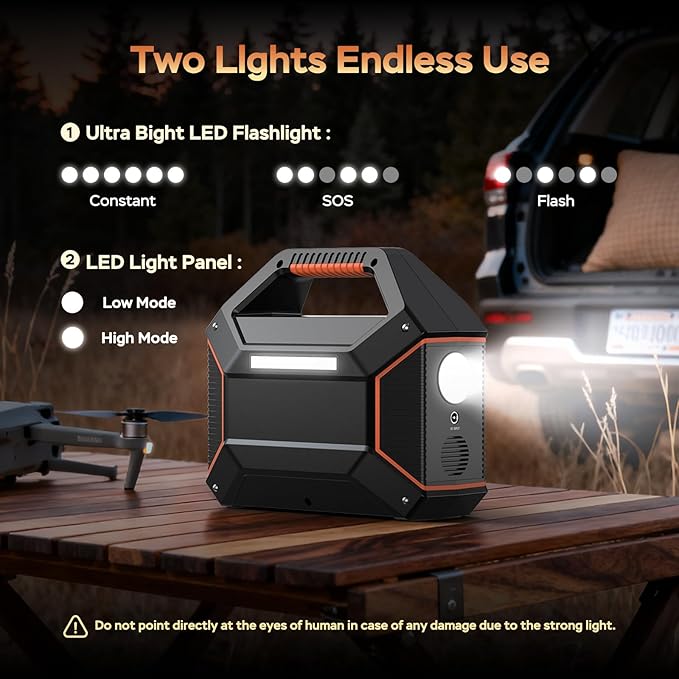 MARBERO Portable Power Station 155Wh Portable Charger 100W Power Station with 6 Outputs 2x 110V AC Outlet LED Flashlight for Home Blackout, Camping, RV Travel, Ultra-Light & Silent Fan UL Certified