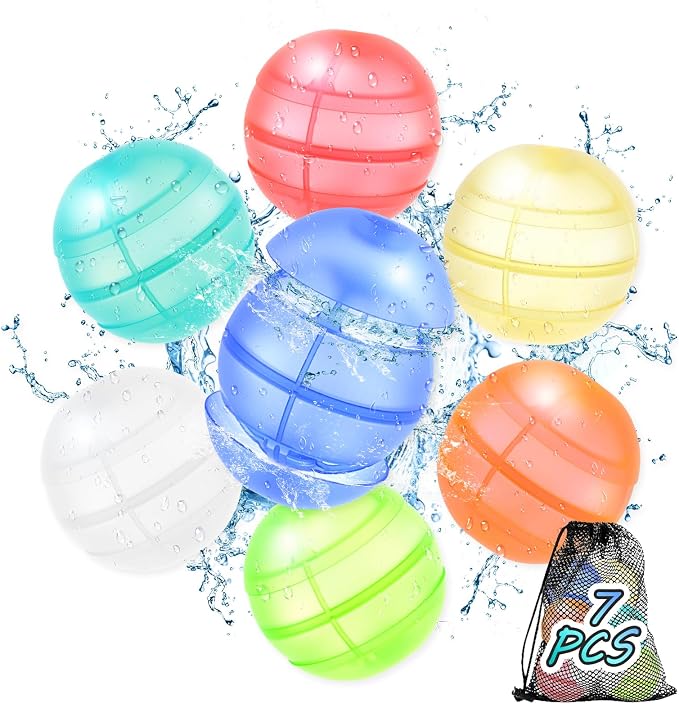 Reusable Water Balloons for Kids & Adults, 7 Pack Refillable Silicone Water Balloons – Quick Fill, Auto Sealing Water Balloon for Pool, Summer Toys Beach Toys for Outdoor Idea Gift, Party Supplies