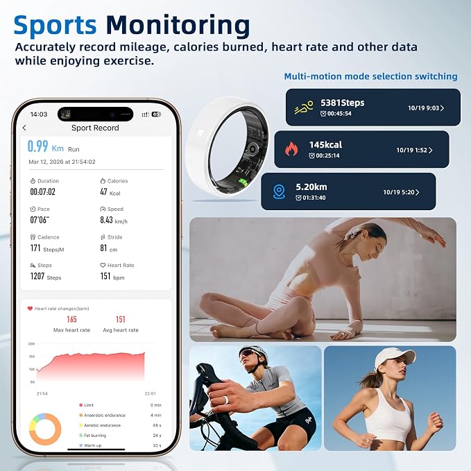 Smart Ring, Ceramics Fitness Tracker & Health Monitoring Ring with Heart Rate/SpO2/HRV/Sleep Tracking, Multi-Sport Activity Tracker, 5ATM Waterproof, iOS Android Compatible (White, 8)