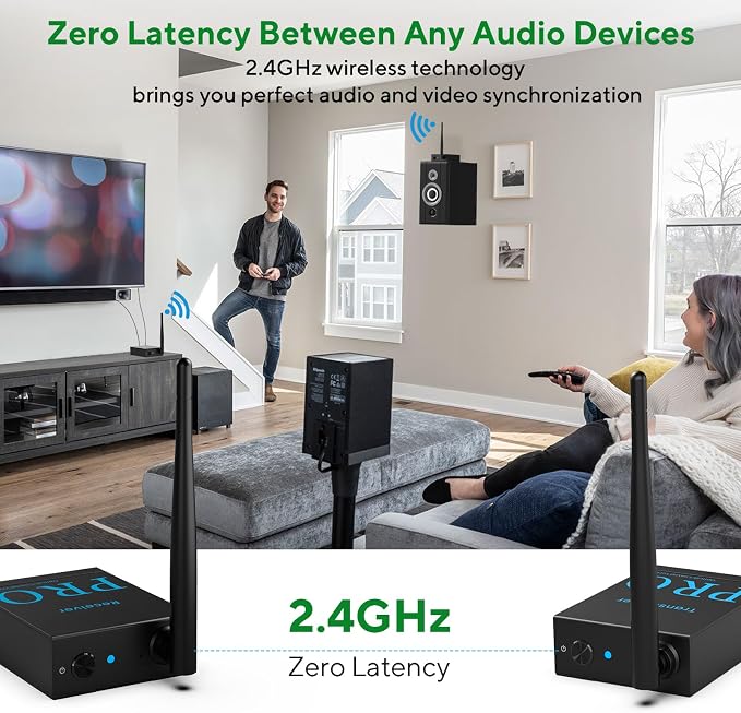 1Mii 2.4GHz Wireless Audio Transmitter and Receiver (1 TX+1 RX), HiFi Audio, 20ms Low Latency, 328ft Long Range Wireless Kit for Powered Speaker/Stereo/Soundbar, Optical/Coaxial/3.5mm(RCA) Ports