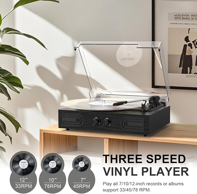 Vinyl Record Player with Built-in Speakers 3-Speed Vintage Record Player Support Treble& Bass Control, 3.5mm Headphone Jack, RCA-Out/Aux in, Belt-Driven LP Turntable,Black Wood