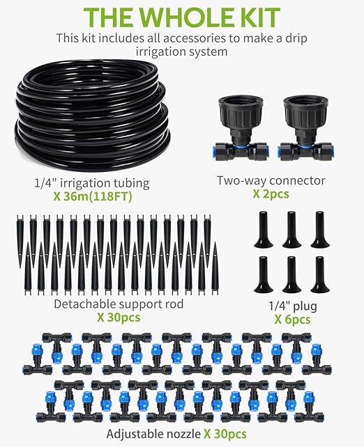 HIRALIY 118FT Drip Irrigation Kit, Quick-Connect Garden Watering System with 30 Adjustable Misting Nozzles and 1/4 in Tubing for Greenhouse Rows, Hanging Plants, Raised Beds & Patio Gardens