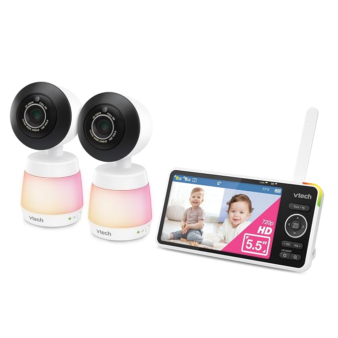 VTech Smart WiFi Baby Monitor, 2 Cameras for Twins & Two Rooms – 2K Split Screen, 5.5" Screen, 24X Zoom, Wide Angle, Free App, Night Light | Smart HD Plus Twin