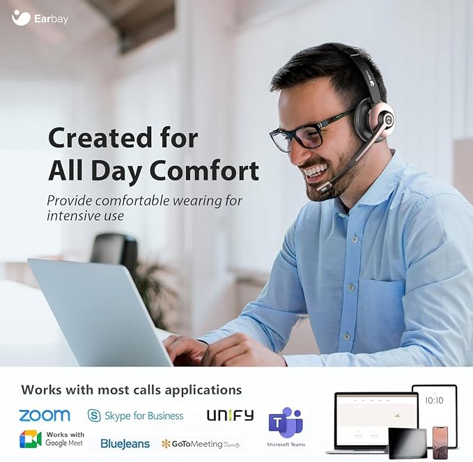 Earbay Wireless Headset, Bluetooth Headphones with Microphone Noise Canceling & Mute, Wireless Headset with Mic & USB Dongle/Charge Dock for Computer Phone Remote Work Office Call Center Teams
